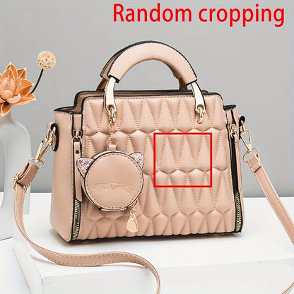 Women'S Fashion 2023 Embroidered Cat Design Messenger Bag, Removable Strap, Zipper Closure, Polyester Lined, Casual Shoulder Handbag with Edge Paint Detail