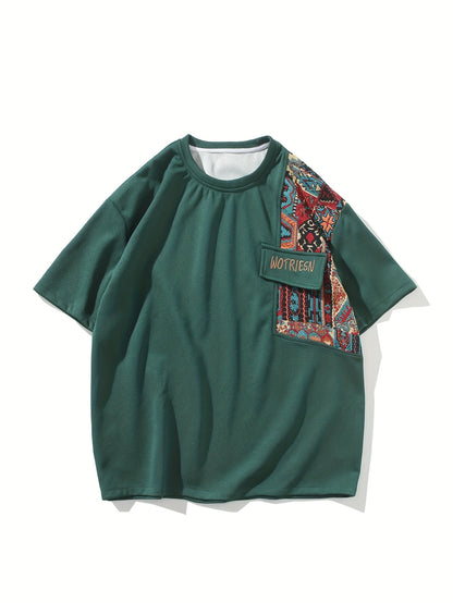 2pcs Men's Summer Casual Outdoor Set, Fashion Ethnic Style Round Neck Short Sleeve T-Shirt and Shorts Suit with Embroidery Design Loose Fit, Short Sleeve + Drawstring Shorts Combo, Suitable for Summer Outdoor Activities