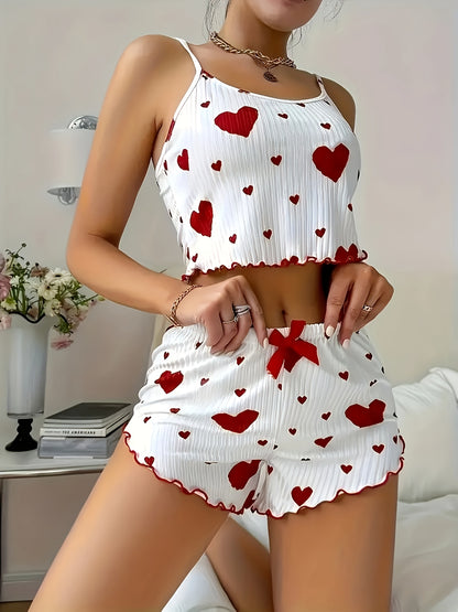 1set Women's Casual Polyester Knit Fabric Shorts Set, All Over Heart Print, Spaghetti Strap Top with Regular Fit Bottoms for Spring/Summer, Digit Print