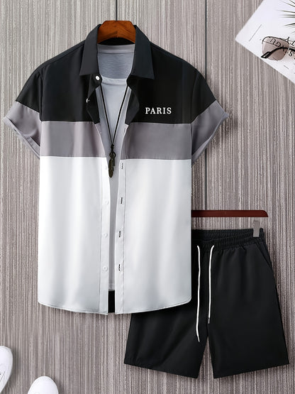 Men'S Letter Color Block Short Sleeve Shirt Shorts Casual Suit 2pcs Set