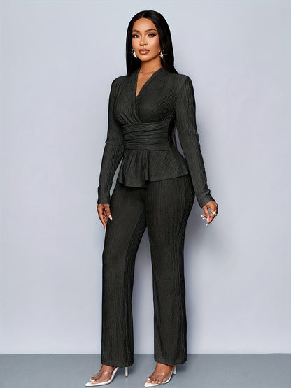 Elegant Women'S V-Neck Long Sleeve Top and Wide Leg Pants Two-Piece Set, Asymmetrical Hem Two-Piece Outfit for Casual Daily Wear, Winter Women'S Clothing