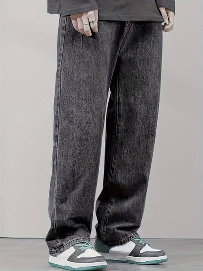 1pc Men'S Casual Denim Jeans - Classic Washed Straight-Leg Pants with Pockets, Non-Stretch Fabric, Regular Fit, All-Season Loose Denim for Adults, Casual Outing Style