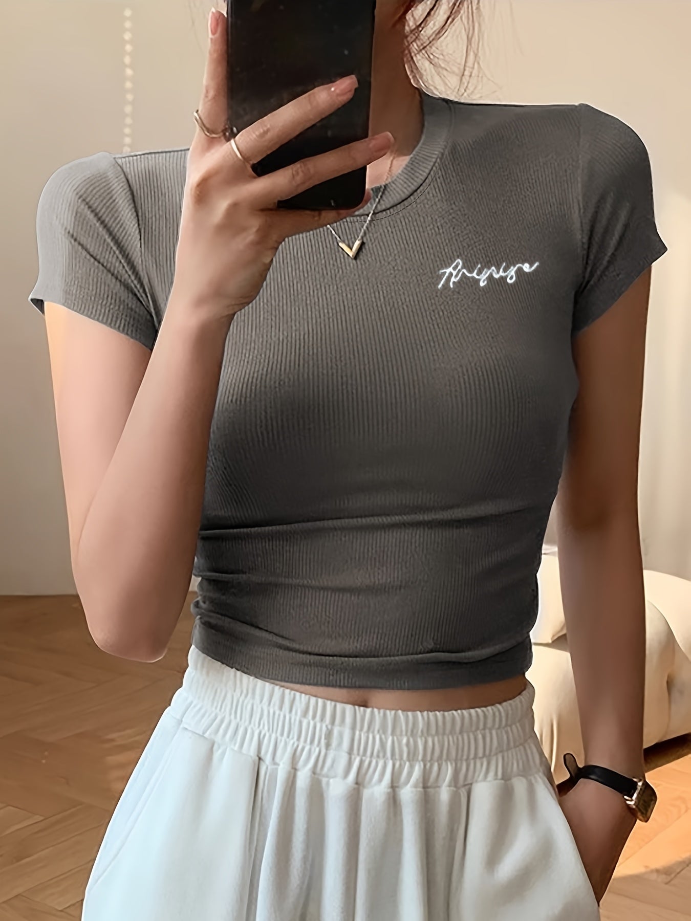 Women's Summer Slim Fit Short Sleeve T-Shirt - High Elasticity Breathable Fabric with Black Letter Embroidery, Versatile Casual & Office Wear, Elegant Collection, Cute Short Sleeve Tops, Everyday Comfort Tee, Slim Fit Tee, Sm