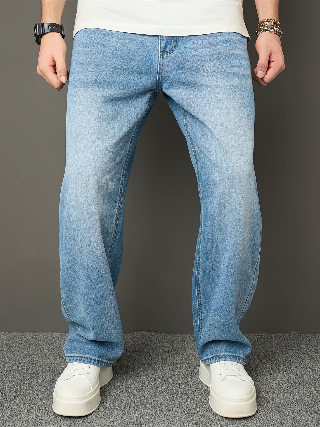 Men's High Street Fashion Solid Color Loose-Fit Denim Jeans, Casual Straight Leg Pants with Raw Wash Detail, Non-Stretch Fabric, All-Season Basic Style, Allseason Jeans | Classic Blue Jeans | Durable Jeans Construction