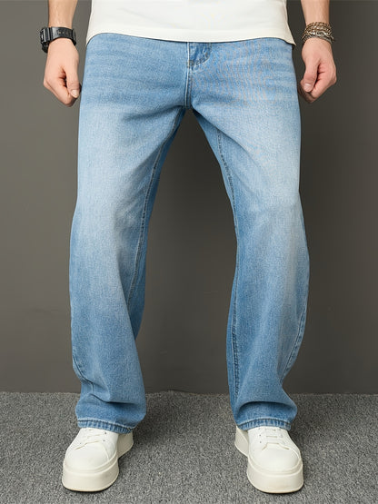 Men's High Street Fashion Solid Color Loose-Fit Denim Jeans, Casual Straight Leg Pants with Raw Wash Detail, Non-Stretch Fabric, All-Season Basic Style, Allseason Jeans | Classic Blue Jeans | Durable Jeans Construction