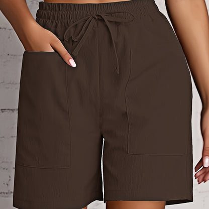 Women's Beige Cargo Shorts - Casual & Stylish, Solid Color with Drawstring Waist and Pockets, Polyester Blend, Machine Washable, All-Season Comfort