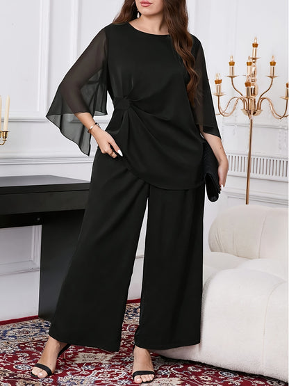 Plus Size, Classic oversized casual solid color 3/4 sleeve twist detail shirt and wide-leg pants set, suitable for daily wear, Women's summer outfits, vacation attire, wedding guest dresses, business casual, office wear, vint