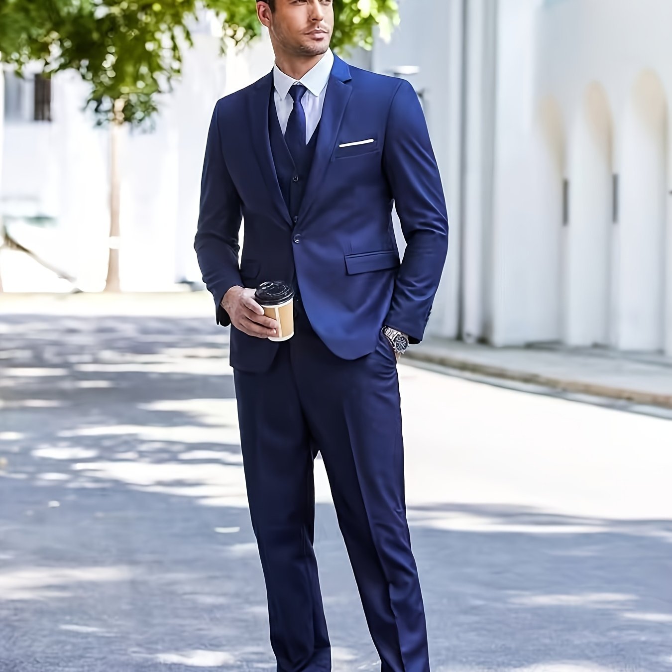 3pcs Luxury Classic Men's Solid Color Formal Suit Set - Lapel Jacket, Vest and Pants, Regular Fit, Long Sleeve, Traditional Silhouette, Very Suitable for Wedding Banquets, Business Meetings - High Quality Fabric, Comfortable