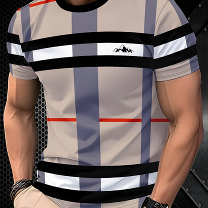 Men'S Casual Striped T-Shirt with Mountain Logo - Short Sleeve, Crew Neck, Lightweight Polyester, Summer Fashion, Casual Wear|Striped Pattern|Lightweight Fabric