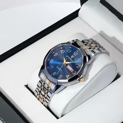 1pc BINBOND Men'S Fashion Watch, Luxury Dual Calendar Quartz Wristwatch, Business Style, Round Alloy Case, Stainless Steel Strap, Water-Resistant, Luminous Pointer Display, Battery Powered, Perfect for Valentine's, Christmas,