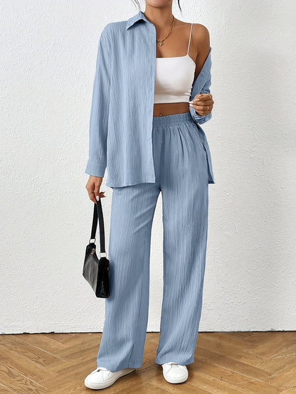2pcs Women Spring & Autumn Casual Solid Color Long Sleeve Shirt And Pants Set