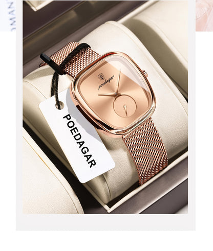 POEDAGAR Elegant Women's Quartz Watch - Waterproof, Stainless Steel Mesh Band, Rose Golden Square Dial, Black Strap, Perfect for Parties & Casual Attire, Stylish Timepiece | Elegant Design | Mesh Strap Watch, Watch Accessorie