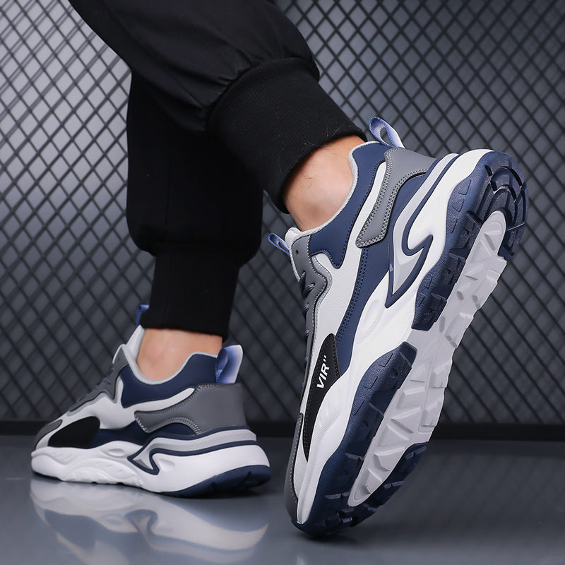 Men's Stylish Color-Block Sneakers - Black & Gray with White Accents, Comfortable All-Day Wear, Durable Rubber Sole, Lace-Up Design, Trendy Low-Top Style for Casual or Athletic Use, Casual Sneakers | Fashion Sneakers | Pu Mat