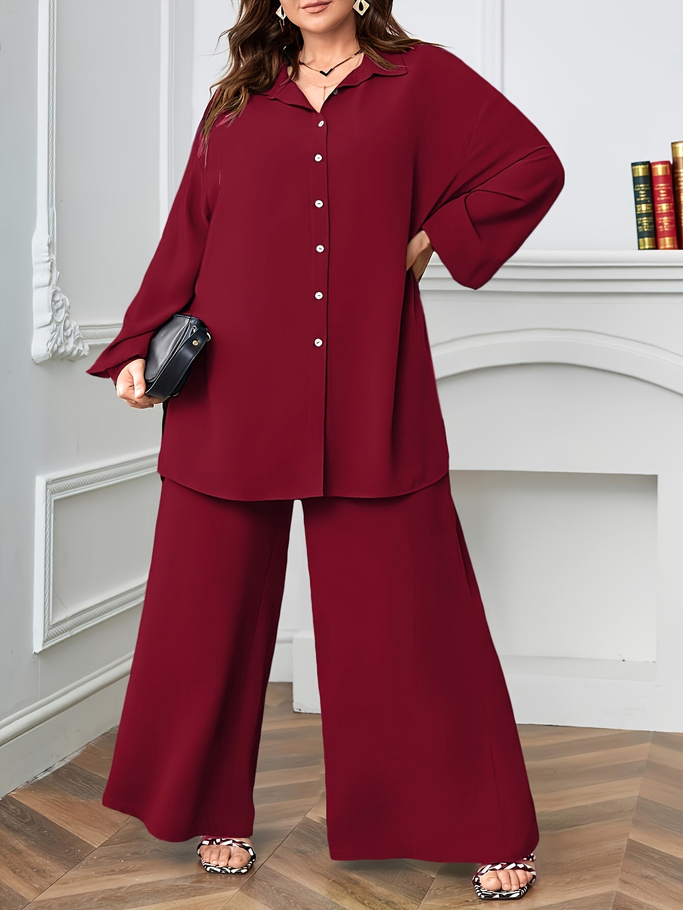 Elegant Plus Size Women'S Two-Piece Set: Stylish V-Neck Blouse & Wide Leg Pants - Perfect for Formal Occasions, Plus Size Blouses