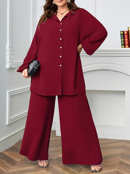 Elegant Plus Size Women'S Two-Piece Set: Stylish V-Neck Blouse & Wide Leg Pants - Perfect for Formal Occasions, Plus Size Blouses