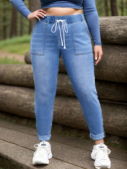 Plus Size Casual Jeans, Women's Plus Washed Elastic Drawstring High Rise High Stretch Jeans