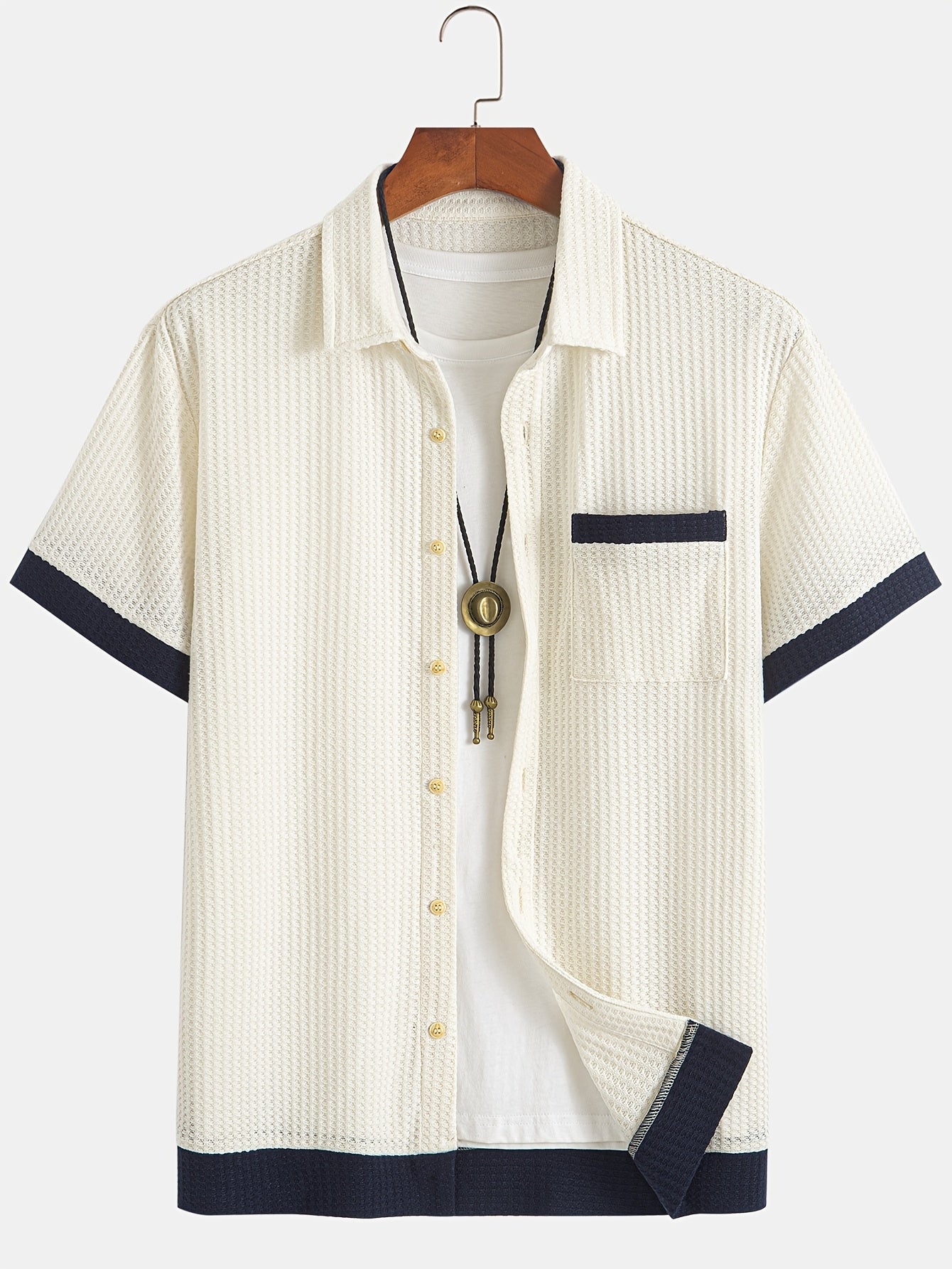 Men'S Casual Fashion Two-Piece Set Featuring a Short-Sleeve Open-Collar Solid Color Spliced Shirt Paired with Solid Color Drawstring Shorts, Made from Soft, Breathable, High-Quality Knitted Textured Fabric, Offering a Trendy