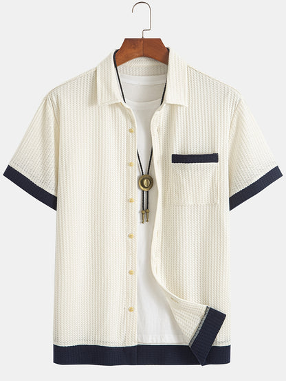 Men'S Casual Fashion Two-Piece Set Featuring a Short-Sleeve Open-Collar Solid Color Spliced Shirt Paired with Solid Color Drawstring Shorts, Made from Soft, Breathable, High-Quality Knitted Textured Fabric, Offering a Trendy