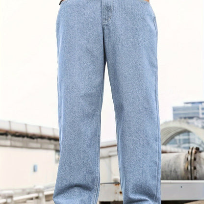Men'S Loose-Fit Jeans, Cotton Blend Street Style Denim Pants, Non-Stretch Solid Color, Regular Length, with Multiple Pockets for All-Season Wear