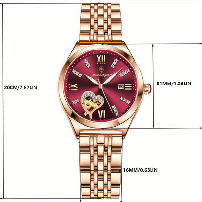 POEDAGAR Elegant Women's Quartz Watch - Rose Golden-Tone Stainless Steel, Luminous Hands & Calendar,, Date Display with Heart Detail
