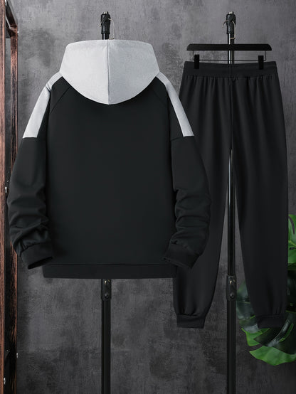1set Men'S Sports Hooded Jacket and Joggers Set, Polyester Knit Fabric with Slight Stretch, Patchwork Design, Regular Fit, Spring/Fall Season, with Pockets