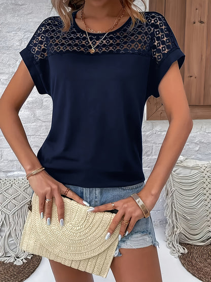 Women'S Chic Lace Trim Round Neck Short Sleeve T-Shirt - Loose Fit, Breathable Summer Top with Contrast Lace Detail, White, Casual Wear, Casual Summer Top | Lace Trim Top | Delicate Lace Detail