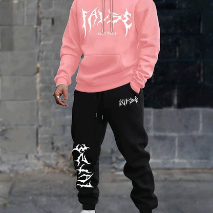 Durable Fabric, Men's Casual Sporty Hoodie and Jogger Set - Trendy Geometric Print, Blue and Black, Polyester Blend, Machine Washable, Perfect for Fall/Winter