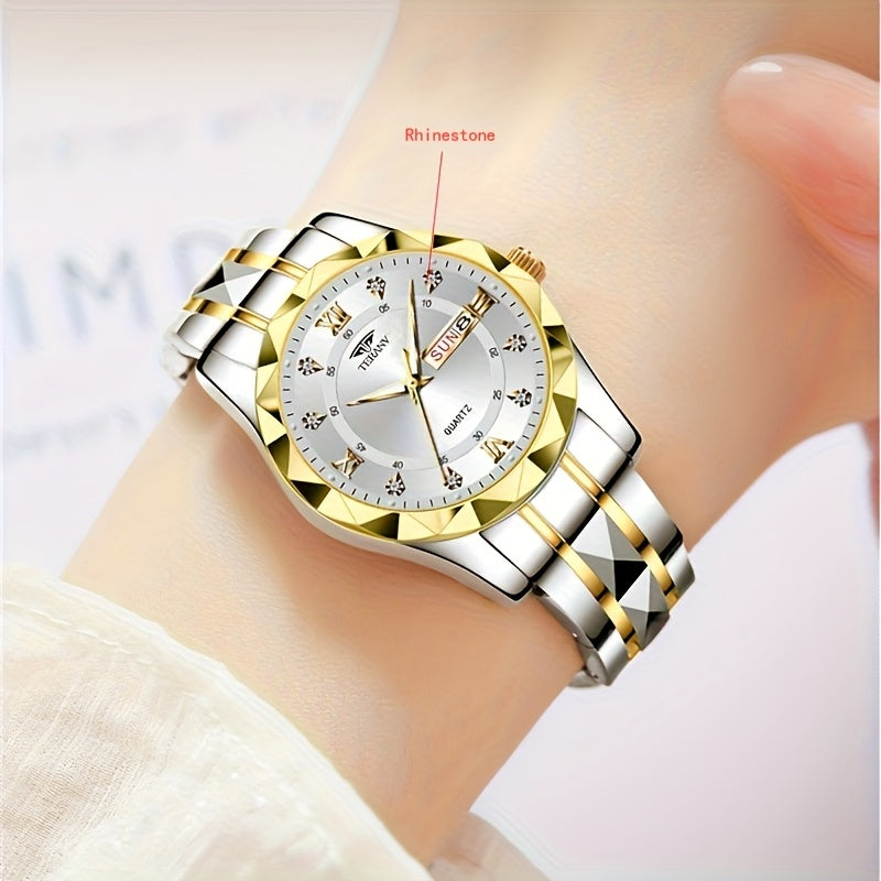 1pc Women's Stainless Steel Watch with Luminous Blue Dial, Date & Day Display, High Quality IPX7, Quartz Movement - Casual Elegant Design for Sports & Travel, Birthday Holiday Gift, Casual Attire, Secure Clasp Wristwatch
