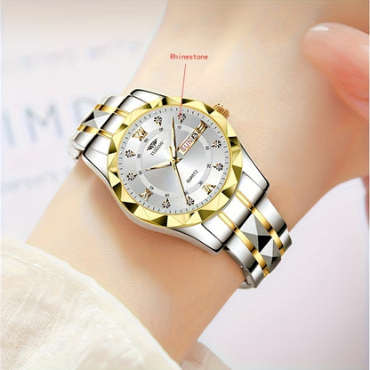 1pc Women's Stainless Steel Watch with Luminous Blue Dial, Date & Day Display, High Quality IPX7, Quartz Movement - Casual Elegant Design for Sports & Travel, Birthday Holiday Gift, Casual Attire, Secure Clasp Wristwatch