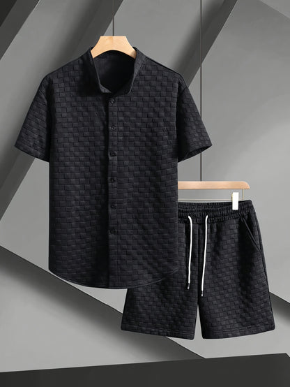 Men'S Casual Athletic Short Sleeve Shirt & Drawstring Shorts Set - Navy Blue, Lightweight Polyester, Perfect for Beach, Camping, and Outdoor Activities, Beach Attire | Stylish Casualwear | Lightweight Fabric