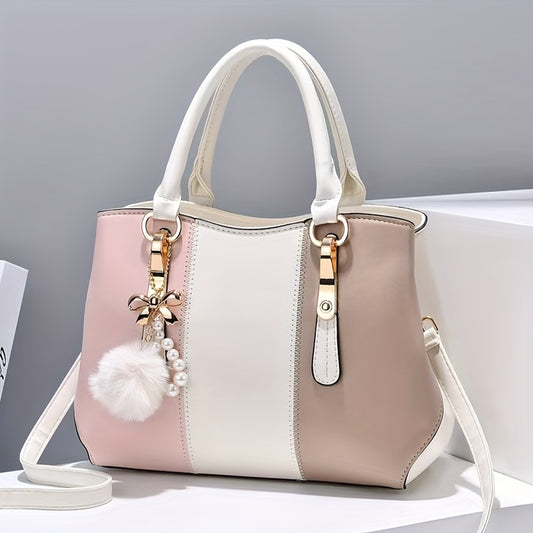 Stylish Women'S Shoulder Bag with Detachable Strap - Large Capacity, Geometric Pattern, White, Blue, and Brown, Perfect for Work, Parties, and Everyday Use, Party Accessory | Geometric Pattern Bag | Durable Zipper Closure, Pu