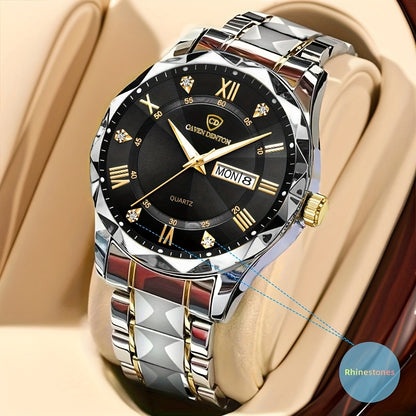 Men'S Quartz Business Watch with Rhinestone-Embellished Luminous Dial, Stainless Steel Strap & Case, Date & Day Display, IPX7 Water-Resistant - Ideal for Travel, Work, Outdoor - Perfect Gift for Birthdays, Holidays, Anniversa