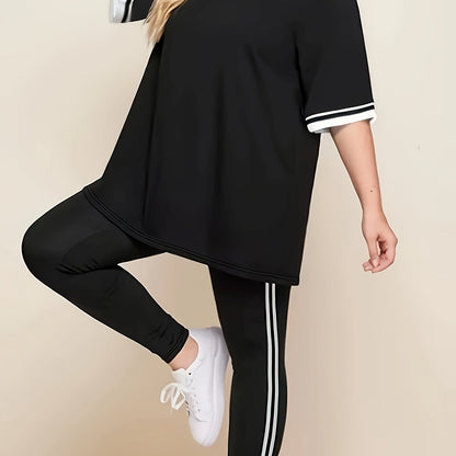 Women'S Plus Size Casual Lounge Set - Gray & White Striped Oversized T-Shirt with Matching Joggers, Comfortable All-Season Home Outfit, Joggers for Women