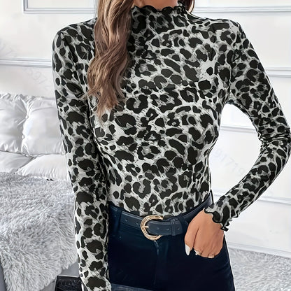Women'S Elegant Leopard Print Long Sleeve T-Shirt - Stretchy Polyester Blend, Semi-High Neck, Ruffled Hem, Machine Washable, Spring/Summer/Fall Top, Casual Wear|Ruffled Hem Top|Stretchy Fabric