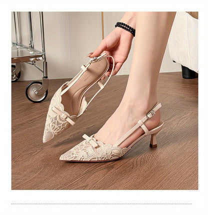 Women'S Elegant Lace-Embroidered Pointed-Toe High Heel Sandals - Beige Block Heel, Ankle Strap with Buckle, Breathable Mesh Upper, Comfortable Summer & All-Season Wear, High Heel Sandals