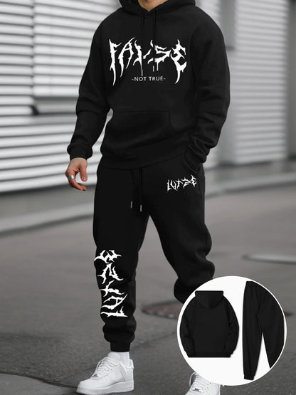 Durable Fabric, Men's Casual Sporty Hoodie and Jogger Set - Trendy Geometric Print, Blue and Black, Polyester Blend, Machine Washable, Perfect for Fall/Winter