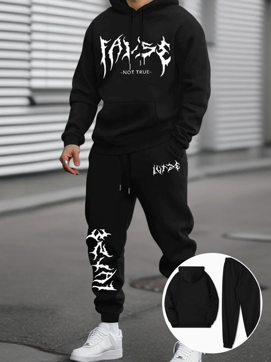 Durable Fabric, Men's Casual Sporty Hoodie and Jogger Set - Trendy Geometric Print, Blue and Black, Polyester Blend, Machine Washable, Perfect for Fall/Winter