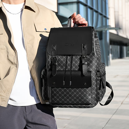 Men's Retro Geometric Print Drawstring Backpack - Casual British Style Durable Fabric with Multiple Compartments & Padded Straps for Daily Commute, Work, Travel, Backpack for Travel, Modern Logo Design, Highquality Straps, Ur