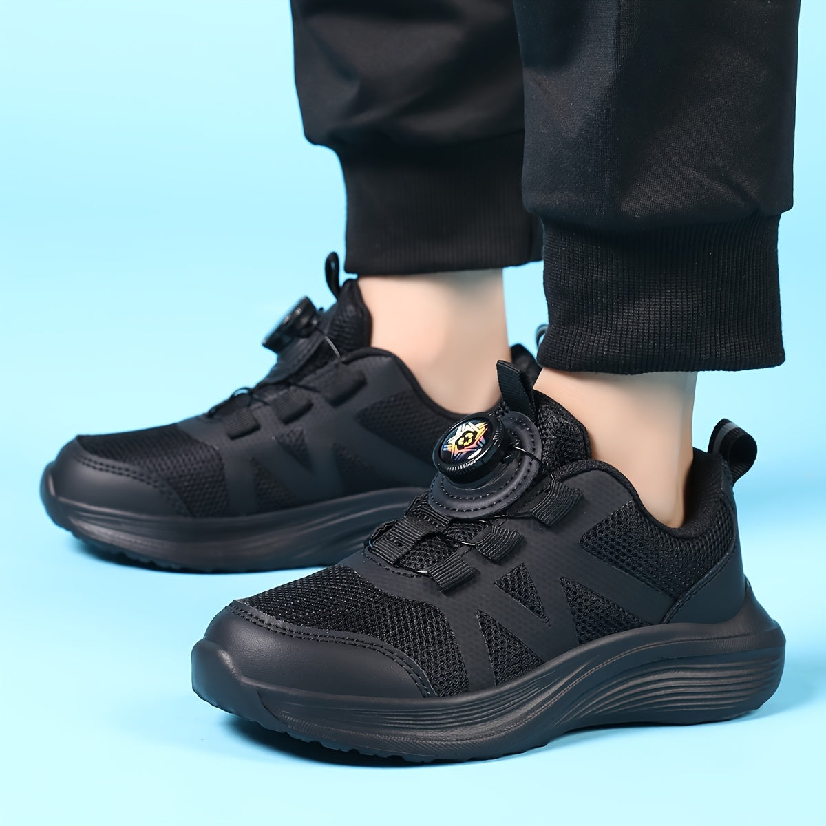 [Backtoschool Essential] Youngsters' Breathable Mesh Running Shoes with Rotating Buckle - Lightweight, All-Season Sneakers for Boys & Girls, Black, Casual & Sporty Design for School, Outdoor Activities & Casual Attire, Casual