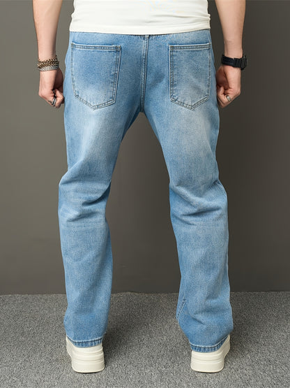 Men's High Street Fashion Solid Color Loose-Fit Denim Jeans, Casual Straight Leg Pants with Raw Wash Detail, Non-Stretch Fabric, All-Season Basic Style, Allseason Jeans | Classic Blue Jeans | Durable Jeans Construction