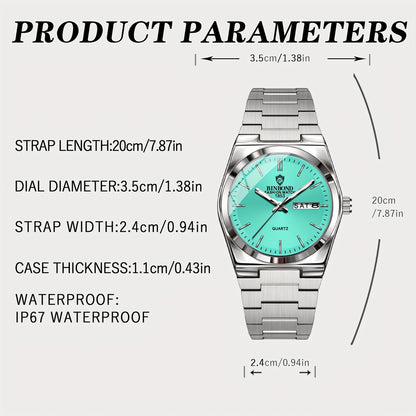 BINBOND Women's Elegant Quartz Watch, Stainless Steel Band, Aqua Green Dial, Date Display, IP67 Rated, Zinc Alloy Case, Perfect for Business or Casual Wear, Casual Wristwatch | Luxury Fashion Accessory | Sophisticated Aesthet