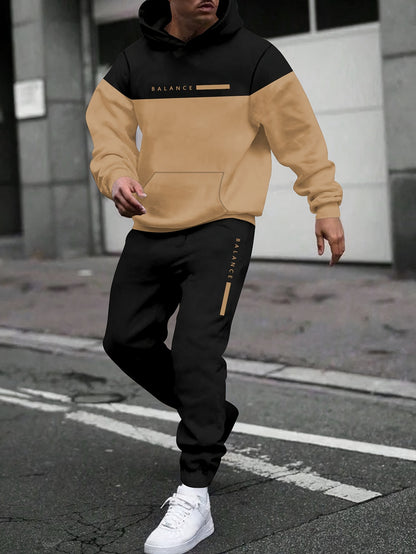 Men'S Fall/Winter Casual Polyester Sweatsuit Set - Long Sleeve Hooded Top with Letter Print & Patchwork Design, Regular Fit Drawstring Joggers, Knit Fabric, Slight Stretch