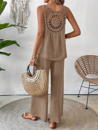 Women'S Summer Backless Cut-Out Panel Tank Top + Wide Leg Pants Set - Casual, Simple, Sleeveless, Polyester, Light Beige, Perfect for Spring/Summer, Casual Attire|Backless Top|Polyester Fabri