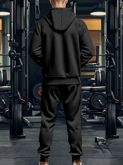 2pcs Men's Solid Color Hooded Long Sleeve Sweatshirt + Pants Set, Casual Co-ord Sports Fitness Set