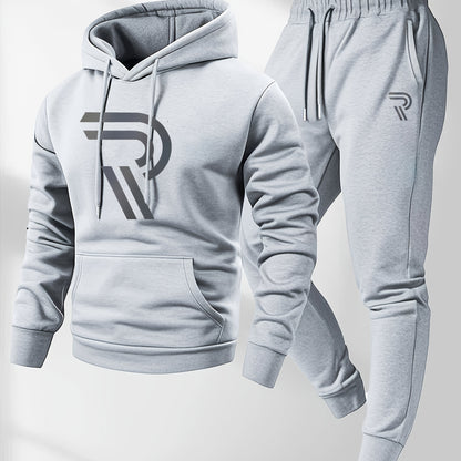 Men'S Sporty Two-Piece Hoodie and Pants Set - Gray with Black Logo, Non-Stretch Fabric, Regular Fit, Pockets, Ideal for Fall/Winter, Casual Wear|Hooded Sweatshirt|Pocketed Pants, Sweater Hoodie