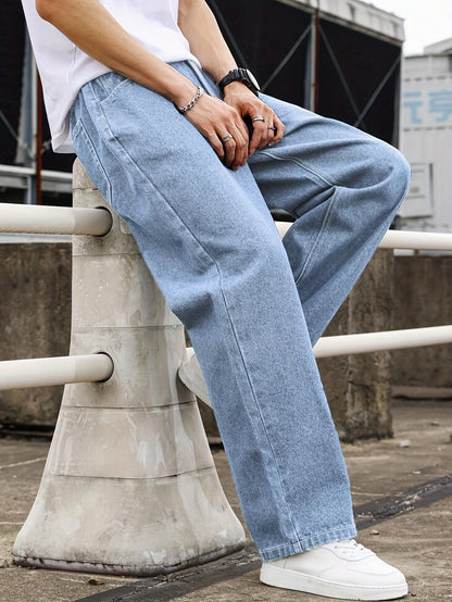 Men'S Loose-Fit Jeans, Cotton Blend Street Style Denim Pants, Non-Stretch Solid Color, Regular Length, with Multiple Pockets for All-Season Wear
