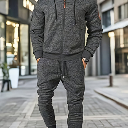 Men's Casual Sports Hoodie and Pants Set with Zipper, Drawstring, Fleece-Lined - Polyester Blend, Machine Washable