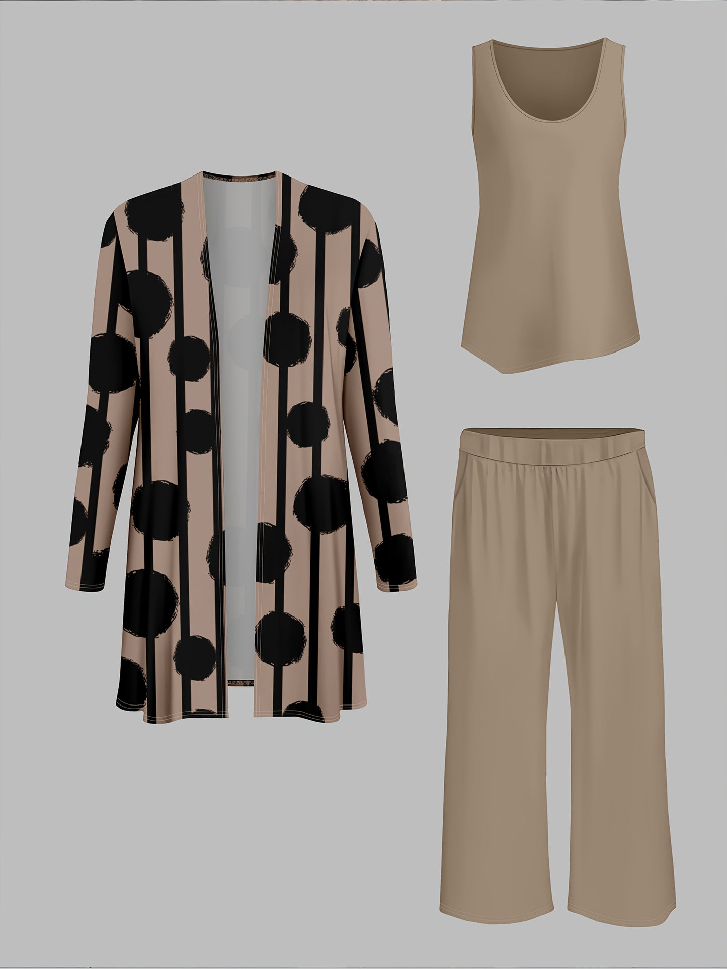 Women'S 3pcs Set, Polka Dot Print Cardigan & Solid Color Vest Casual Pants Daily Outfit