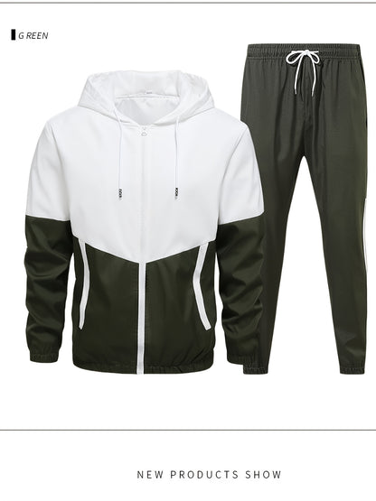 Men's Spring Autumn Outdoor Sports Training Casual Color Block Stitched Hoodie Adjustable Set Home Top and Pants Fashionable Windproof Jacket Pants Two-Piece Suit