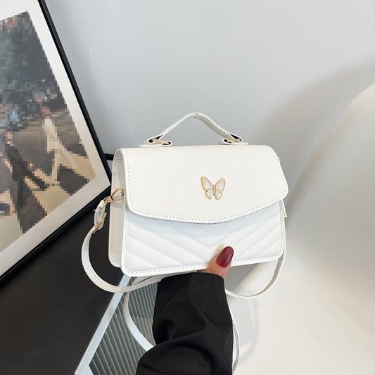 Stylish Black Synthetic Leather Quilted Crossbody Bag with Butterfly Decor – Magnetic Closure, Versatile Solid Color Shoulder Handbag for Everyday Use, Elegant Women’s Small Crossbody Purse